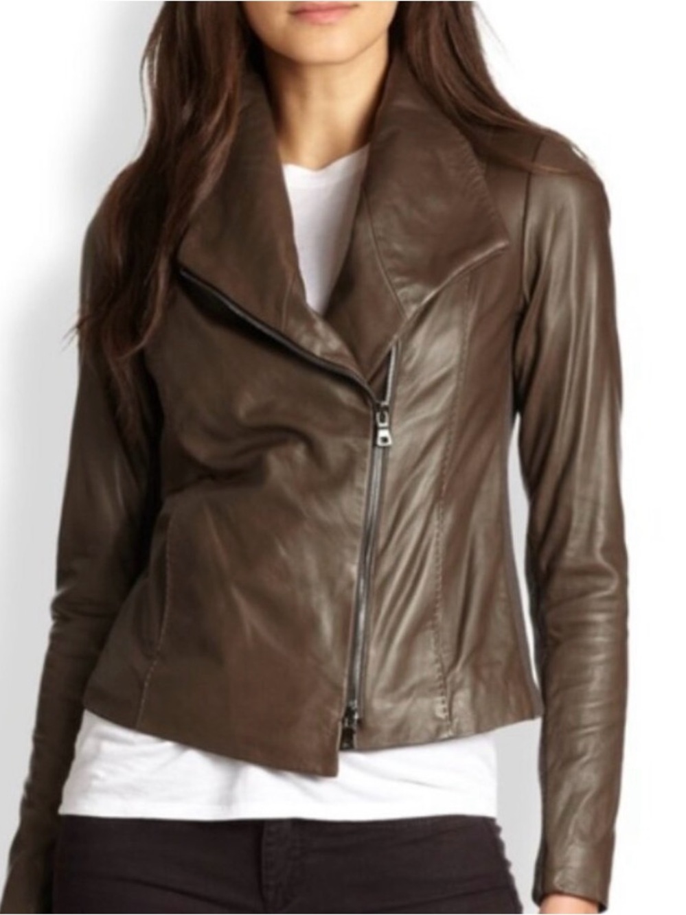 Vince Soft Leather Asymmetrical Moto Zip Women's Jacket Brown XSmall